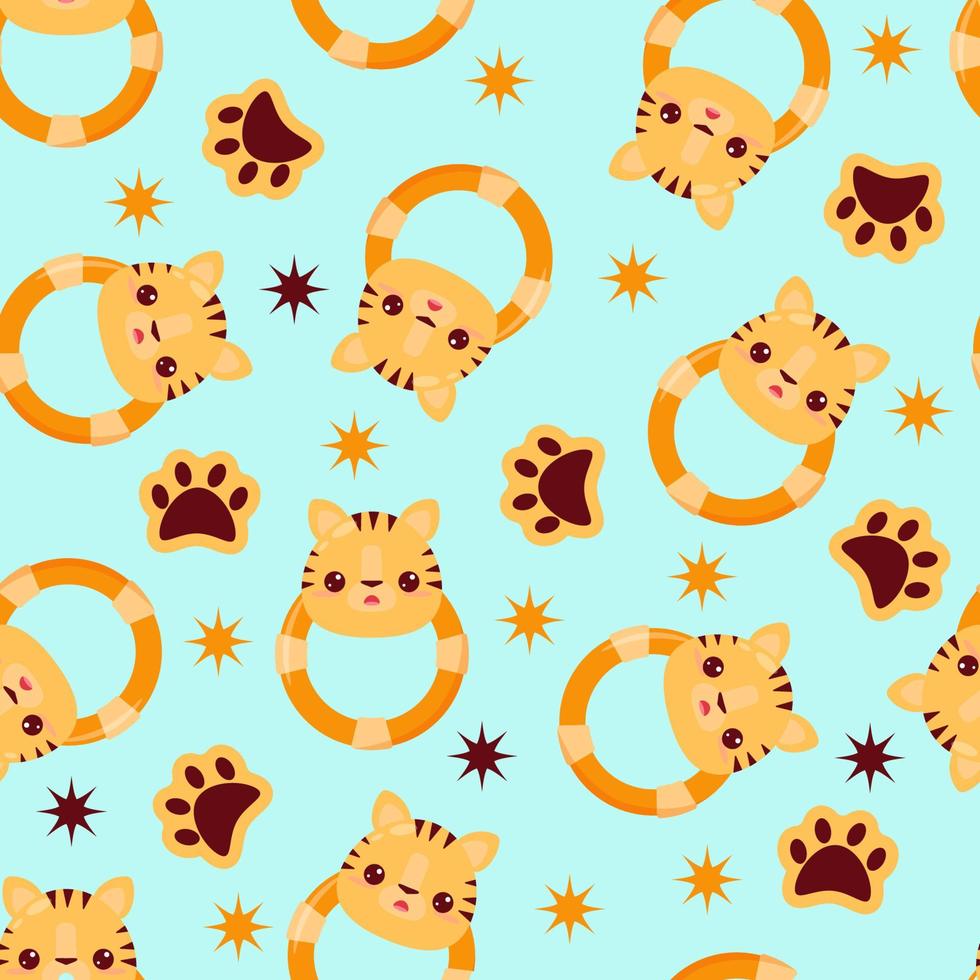 Seamless pattern with animals on a green background. A pattern with a baby rattle in the form of a tiger. Kawaii animals vector