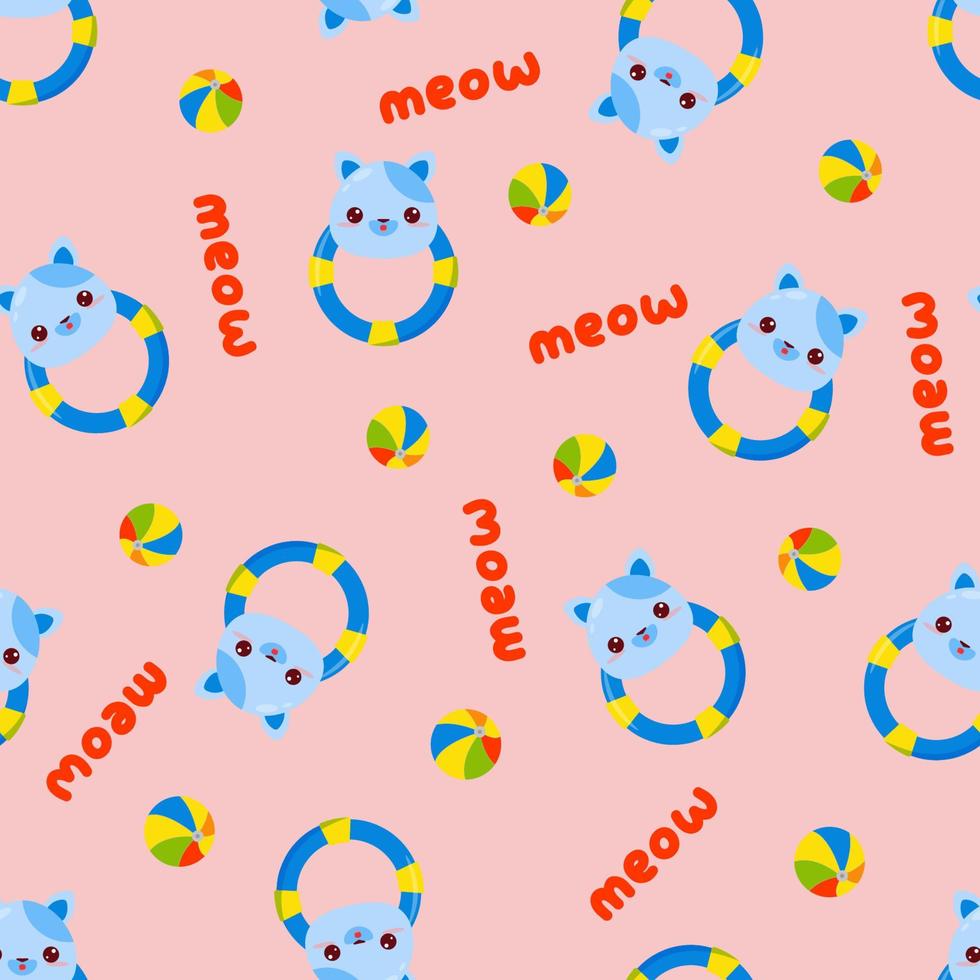 Seamless pattern with animals on a pink background. A pattern with a baby rattle in the form of a cat. Kawaii animals vector