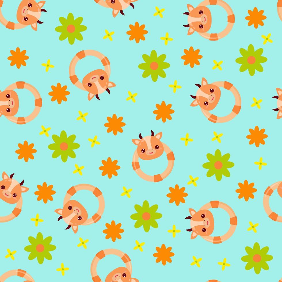 Seamless pattern with animals on a green background. A pattern with a baby rattle in the form of a cow. Kawaii animals vector