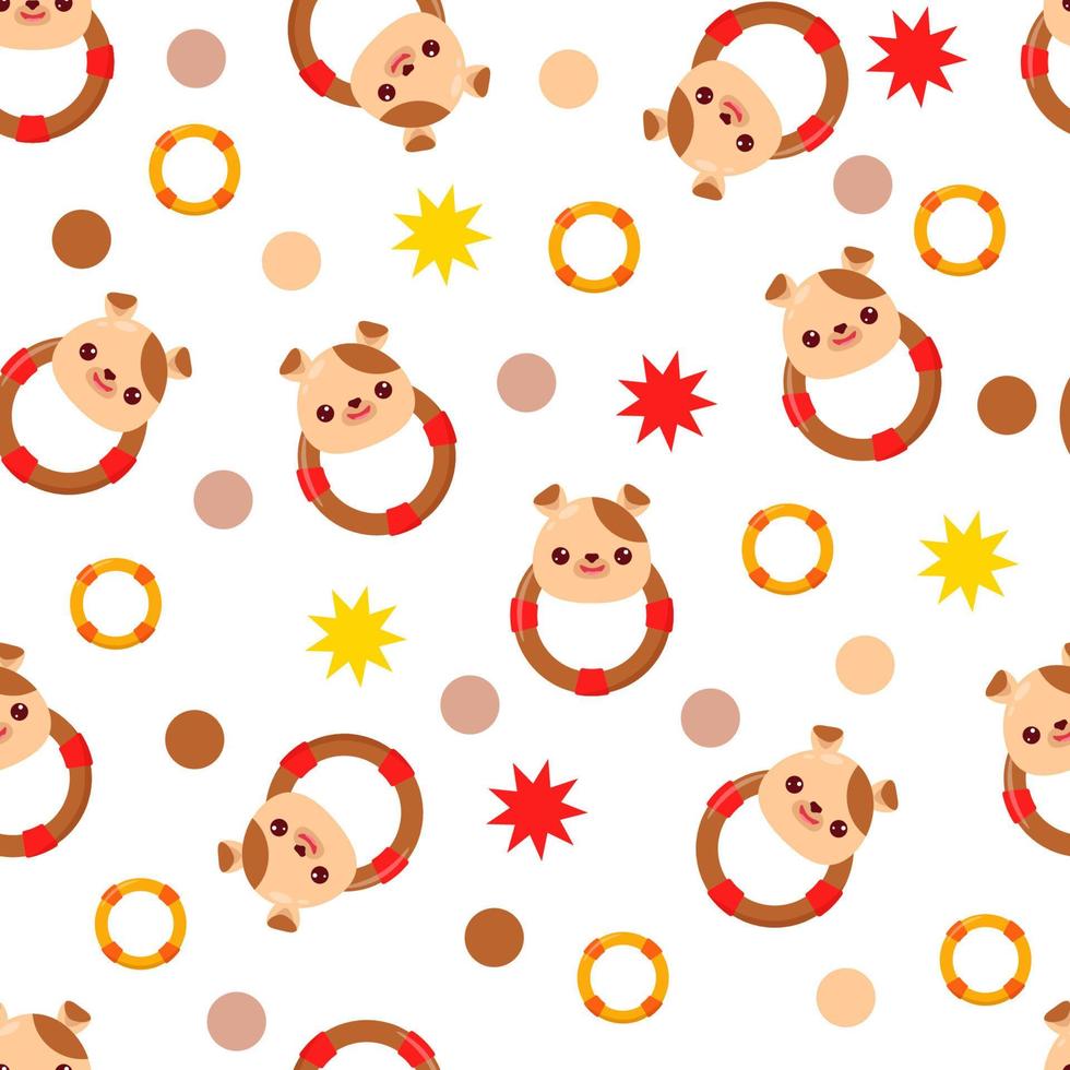 Seamless pattern with animals on a white background. A pattern with a baby rattle in the form of a dog. Kawaii animals, vector