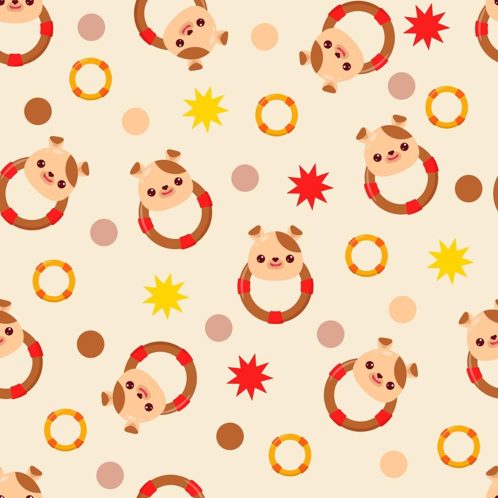 Seamless pattern with animals on a pastel background. A pattern with a baby rattle in the form of a dog. Kawaii animals vector