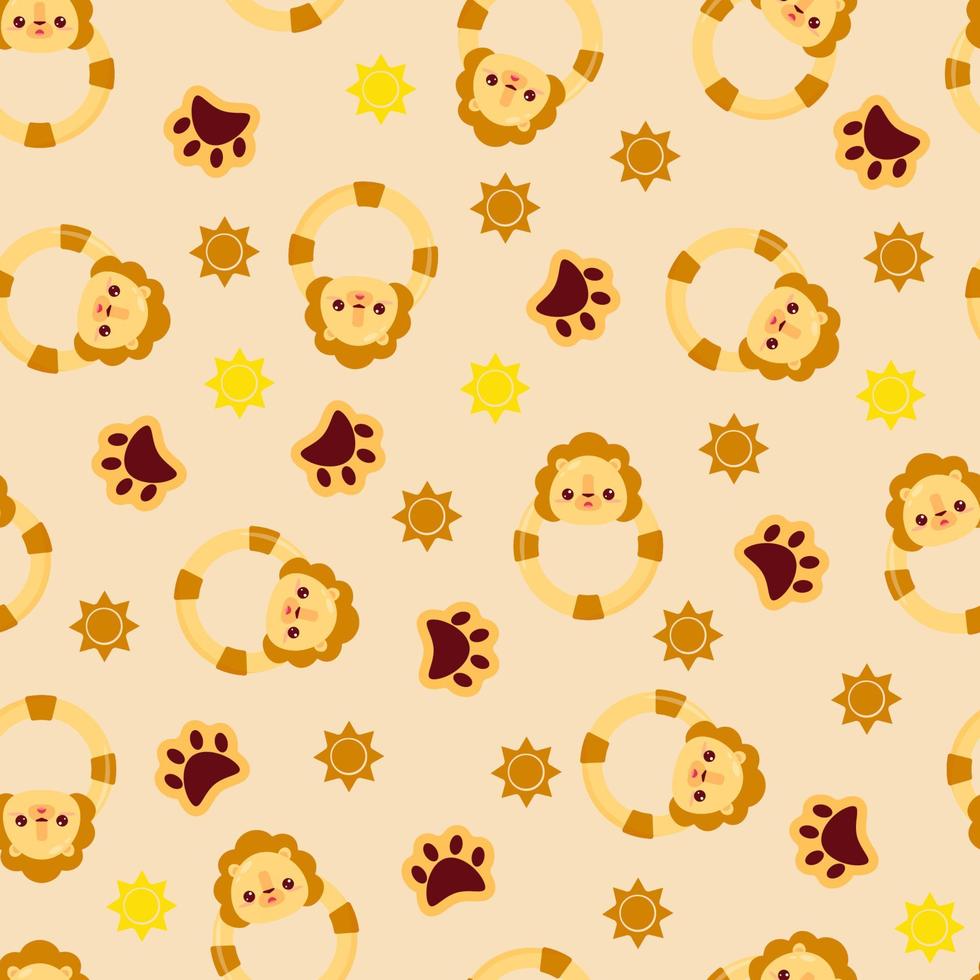 Seamless pattern with animals on a yellow background. A pattern with a baby rattle in the form of a lion. Kawaii animals vector