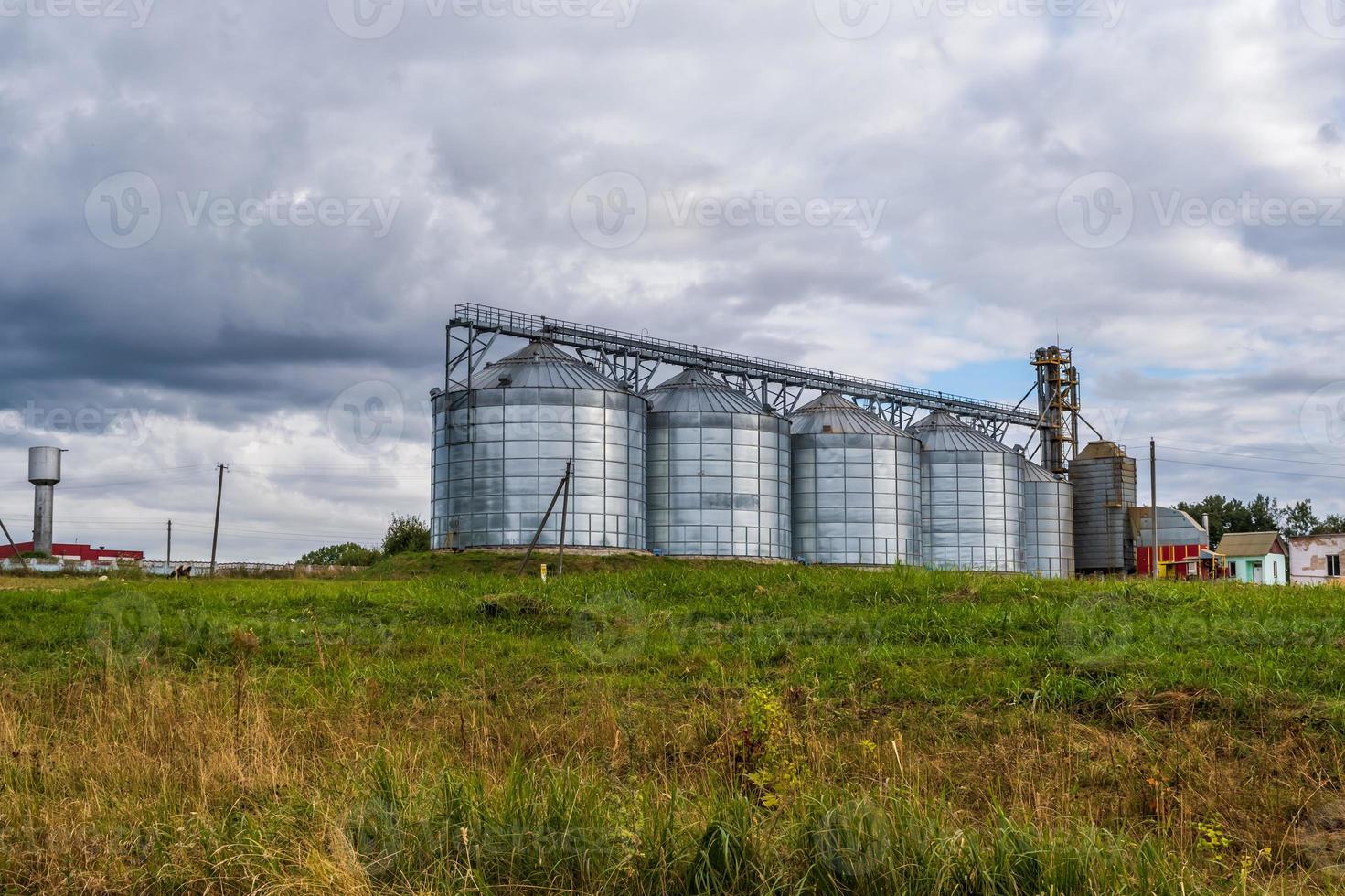 row of agro silos granary elevator with seeds cleaning line on agro-processing manufacturing plant for processing drying cleaning and storage of agricultural products photo