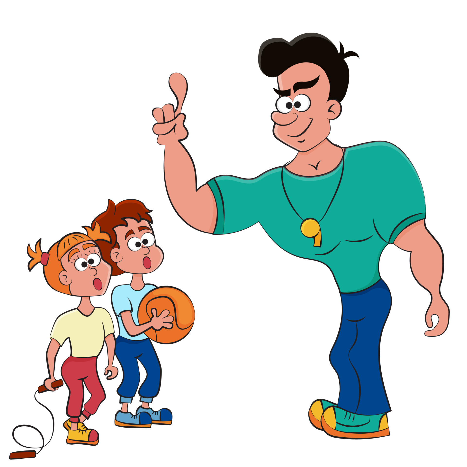 Coach gives instructions to the children during sports practice. Physical  education teacher explains to the students how to do the exercise. Vector  illustration. Cartoon. 13074908 Vector Art at Vecteezy