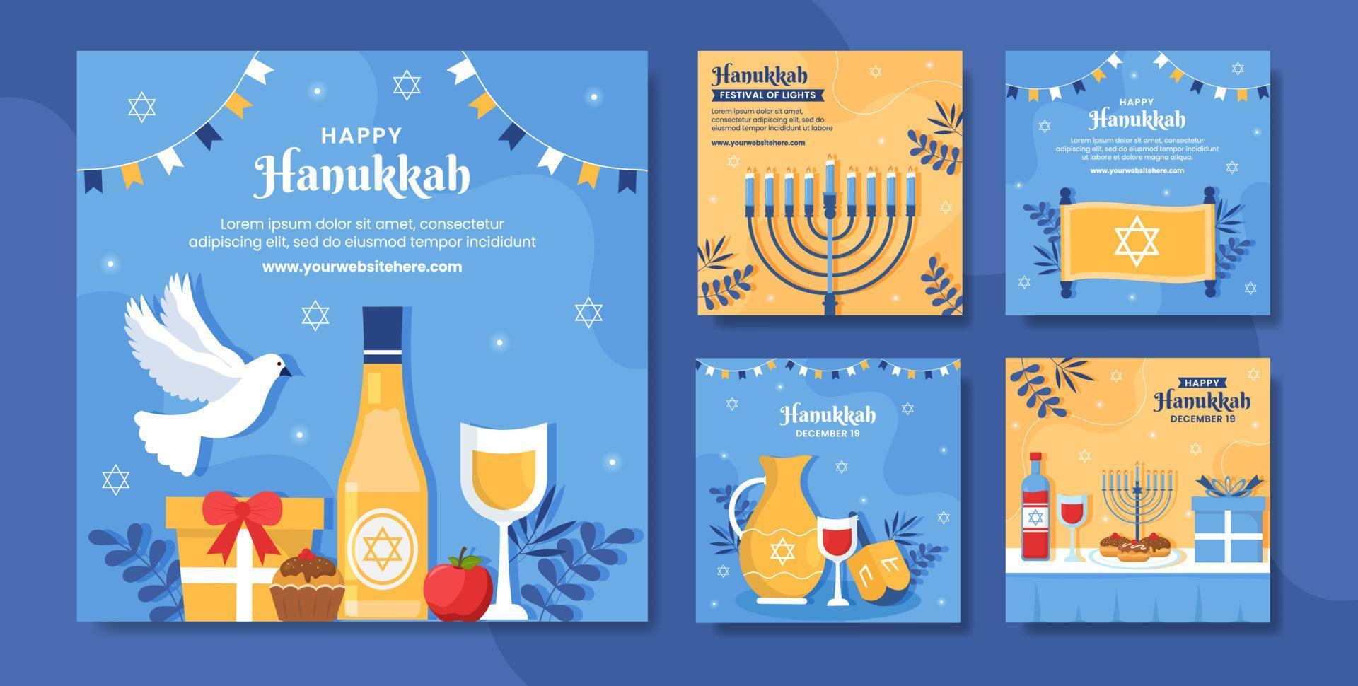 ilustración de plantillas dibujadas a mano de dibujos animados planos de publicación de redes sociales de vacaciones judías de hanukkah vector