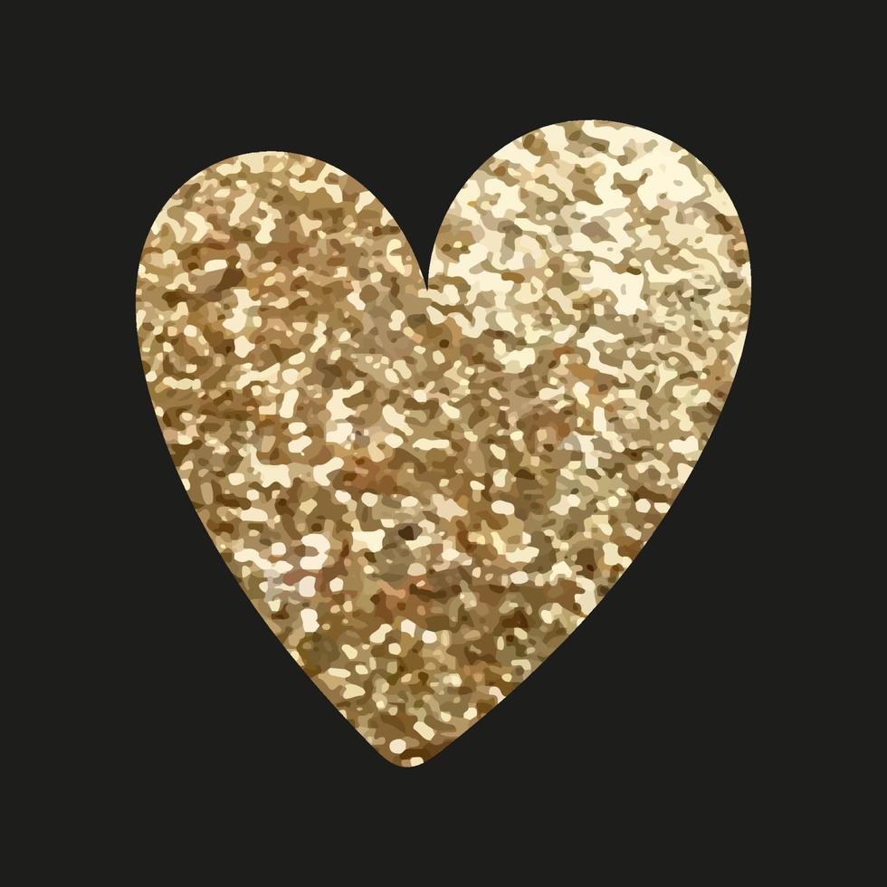 Illustration of golden glitter heart isolated on black background. Simple hand drawn icon for invitations, greeting cards, postcards. Sticker doodle object vector