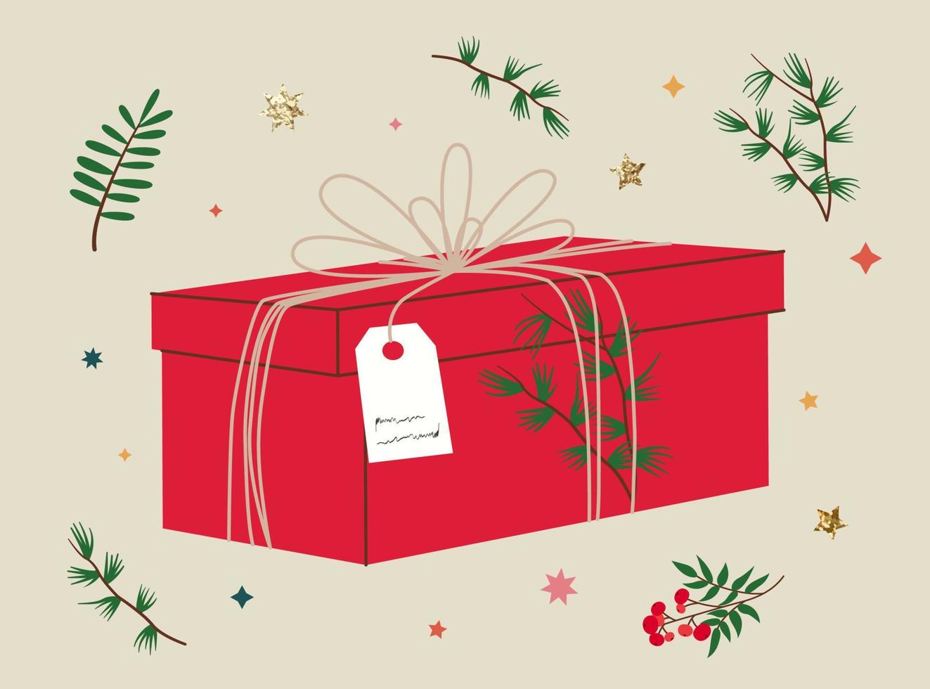 Hands holding Christmas gift in red kraft paper with tag and branches. Present box in craft wrapping paper with bow and branches. Colored flat vector illustration isolated on background.