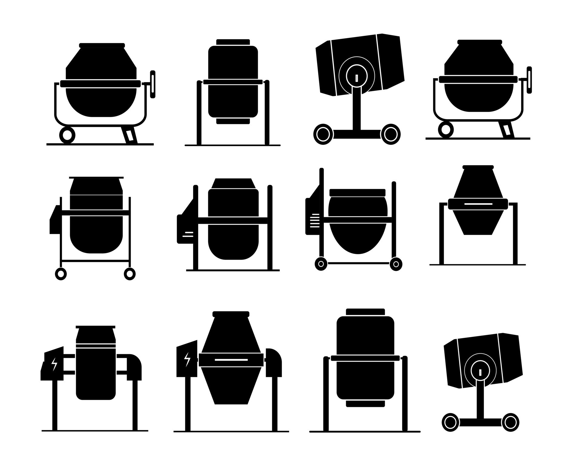 Set of concrete mixer vector icons. Automatic blender. cement mixer