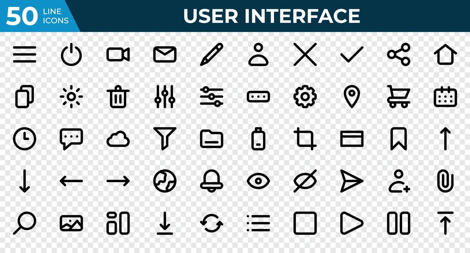 Set of 50 User Interface icons in line style. Menu, calendar, clock. Outline icons collection. Vector illustration