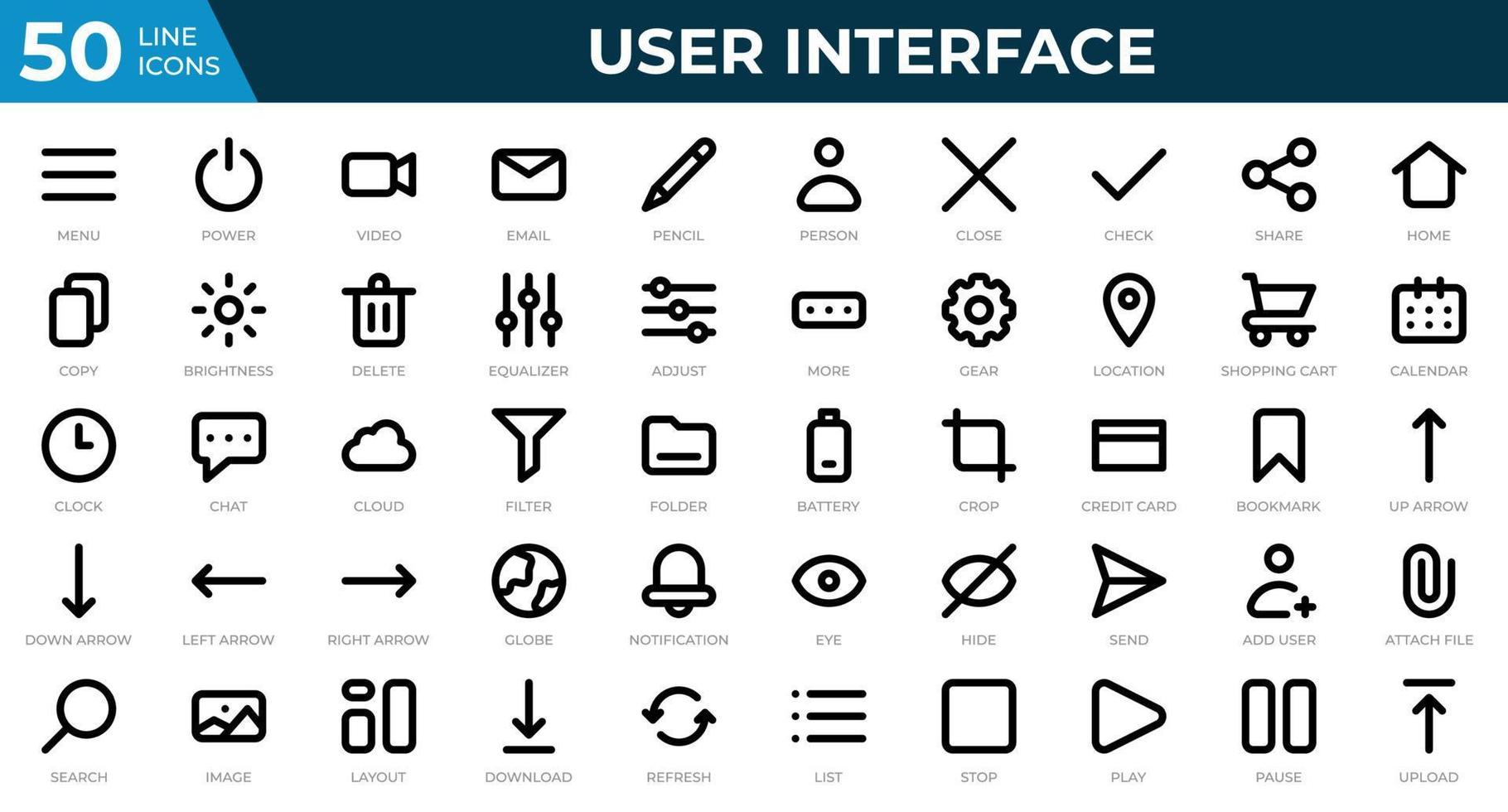 Set of 50 User Interface icons in line style. Menu, calendar, clock. Outline icons collection. Vector illustration
