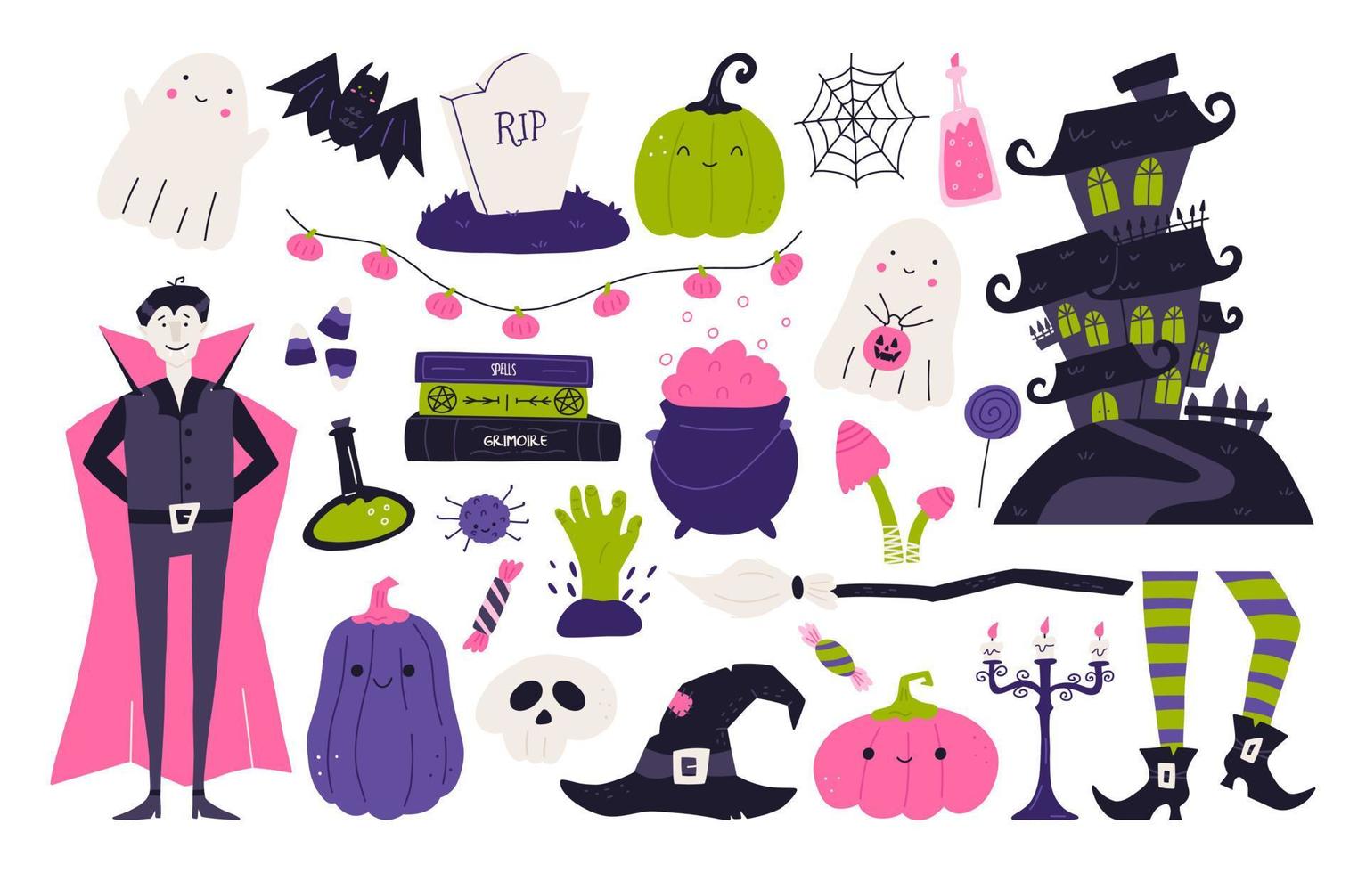 conjunto de lindos elementos de halloween, ilustración de vector plano de dibujos animados aislado sobre fondo blanco. divertidos personajes espeluznantes: vampiros, fantasmas, calabazas, arañas. casa embrujada, escoba de bruja y sombrero.