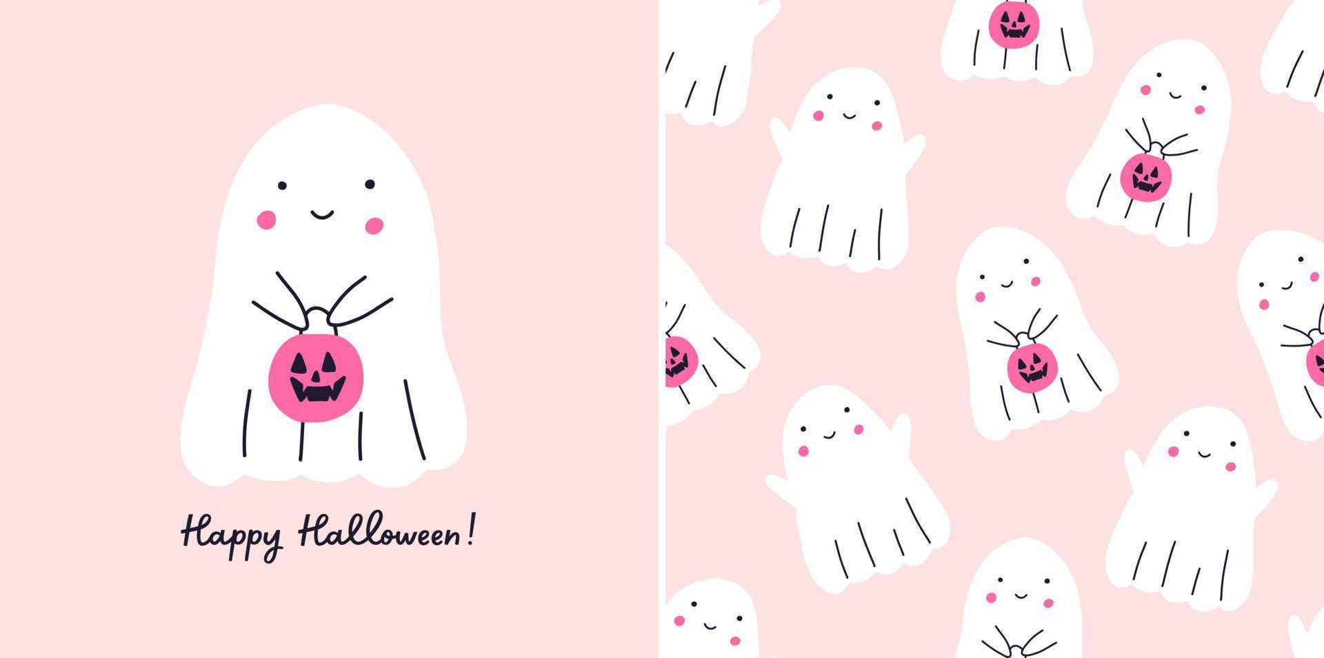 Cute ghost pastel pink seamless pattern and greeting card, cartoon flat vector illustration. Happy Halloween inscription, funny ghost holding candy basket in shape of pumpkin. Trick or treat concept.