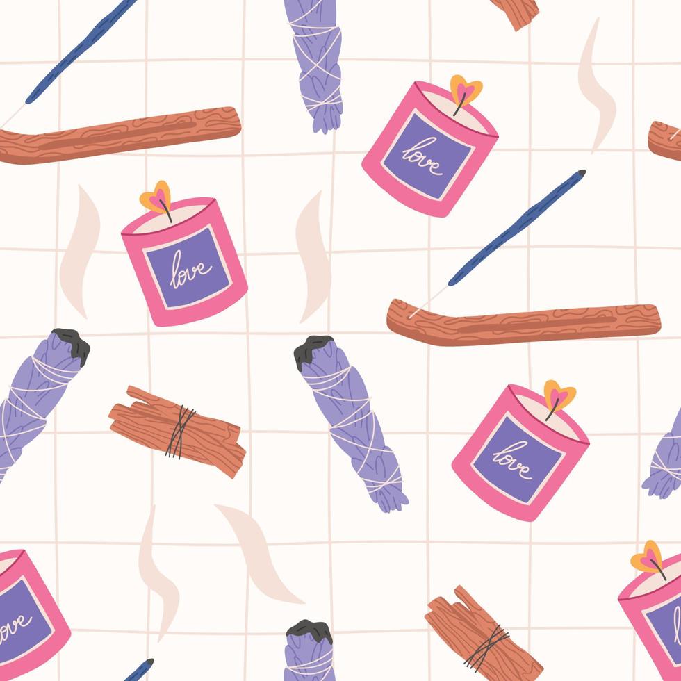 Aromatherapy and meditation seamless pattern, flat vector illustration on white background. Candle, palo santo sticks, sage bundle and incense.