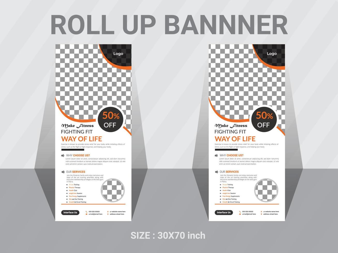 Gym roll up banner design layout, vector banner design template, Vertical advertising banner for sports, gym,  and personal trainer. design for business and advertising, a sample template for the gym.
