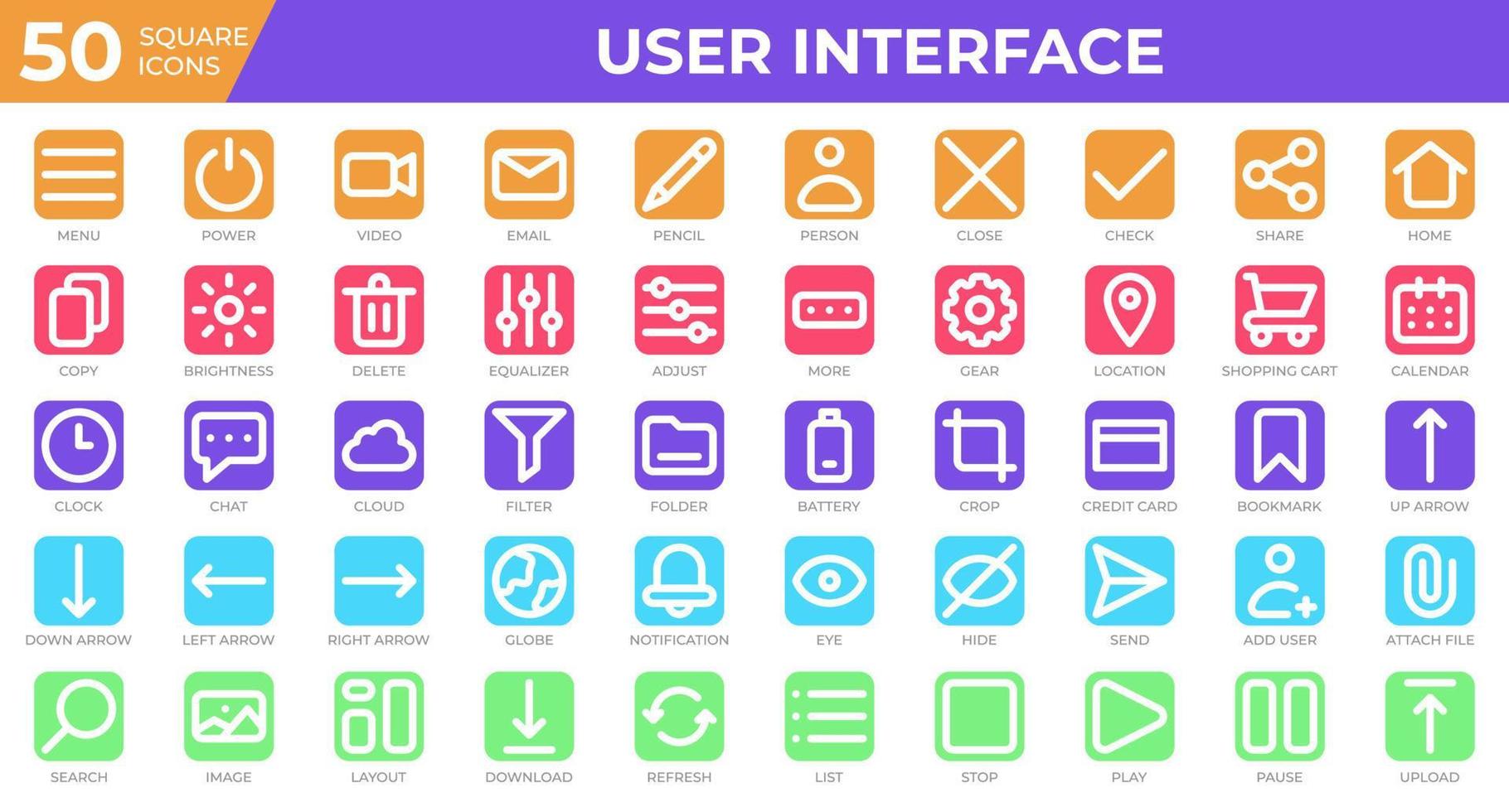 Set of 50 User Interface icons in square style. Menu, calendar, clock. Square icons collection. Vector illustration