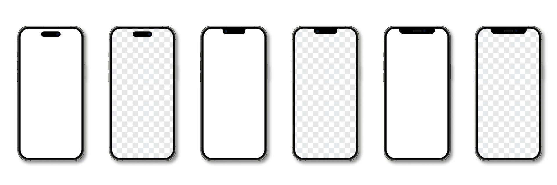 Realistic models smartphone. Smartphone mockup collection. Realistic trendy different models smartphone. Detailed mockup smartphone. Device front view. 3D mobile phone with shadow. Vector illustration