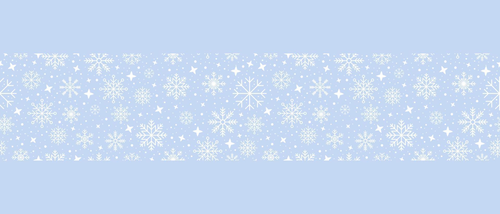 Abstract snowflake seamless border. Snowflakes seamless pattern. Snowfall repeat backdrop. Winter holidays theme. Seamless background with snowflakes. Vector illustration