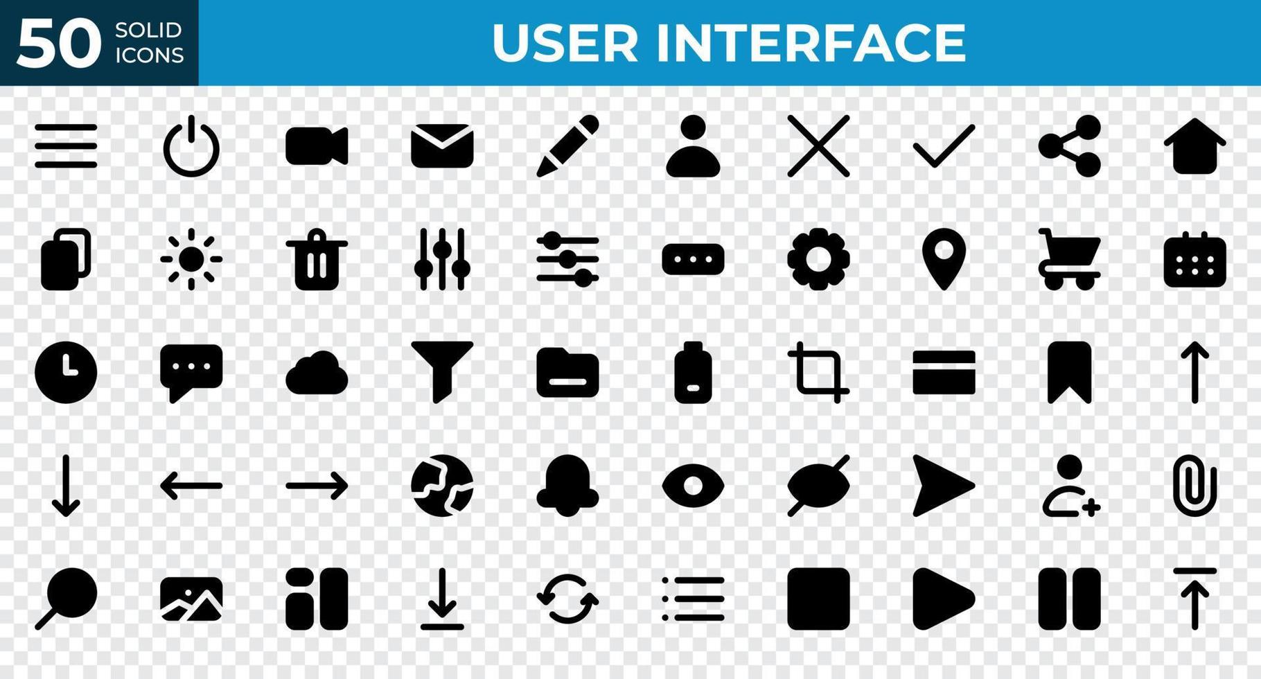 conjunto de 50 iconos de interfaz de usuario en estilo sólido. menú, calendario, reloj. colección de iconos sólidos. ilustración vectorial vector