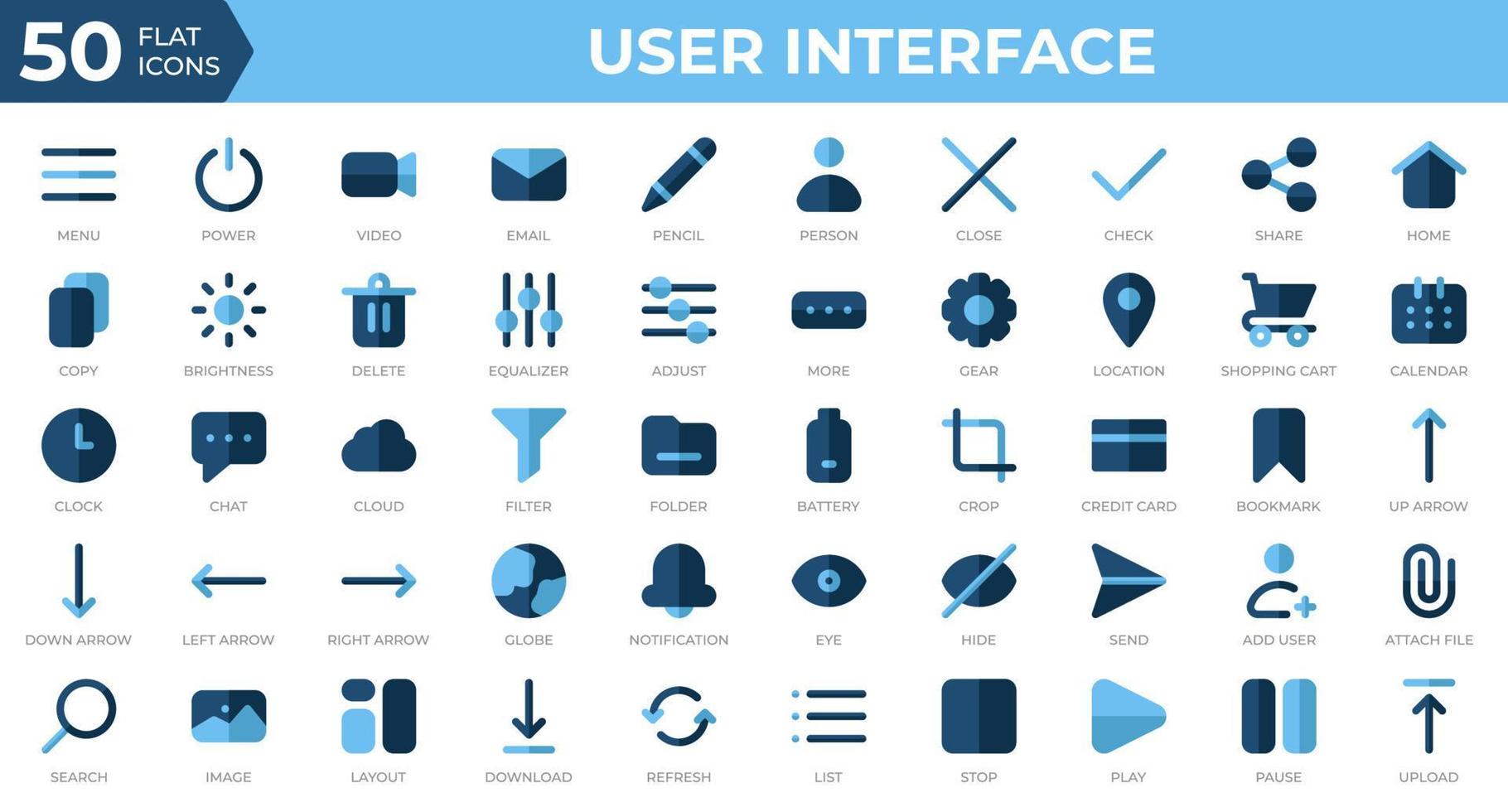 Set of 50 User Interface icons in flat style. Menu, calendar, clock. Flat icons collection. Vector illustration