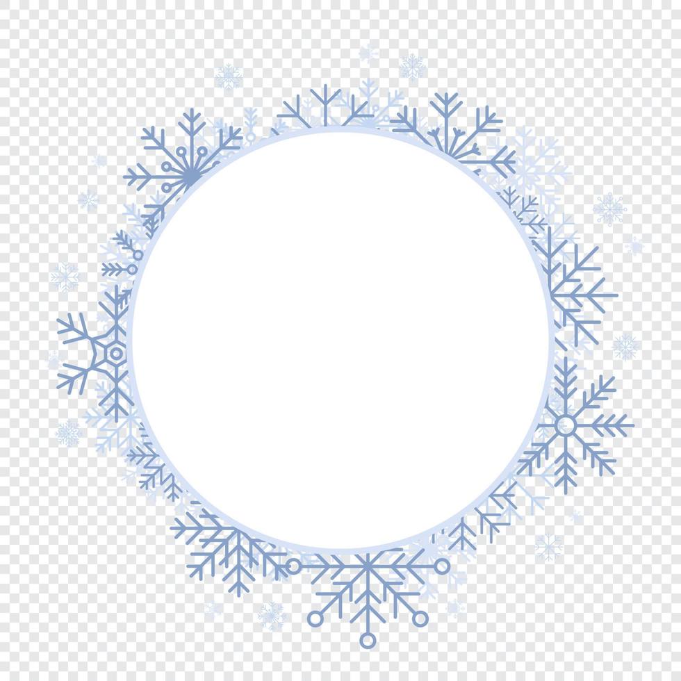 White circle snowflakes new year. Winter round background with snowflakes. Winter snowflakes background. Circle frame. Space for text. Snowflakes behind white empty frame. Vector illustration