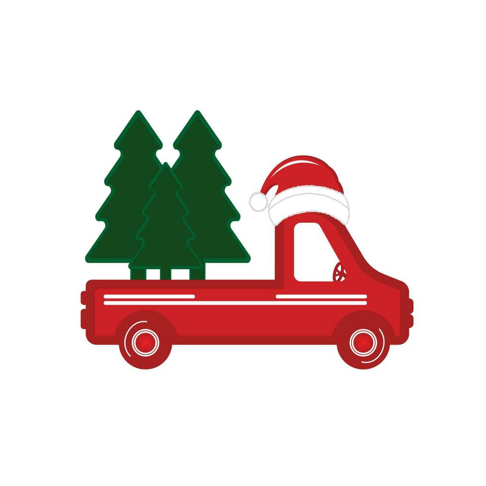 viejo camión de navidad rojo vintage con pino. ilustración vectorial de un viejo camión vintage que lleva un árbol de navidad. vector