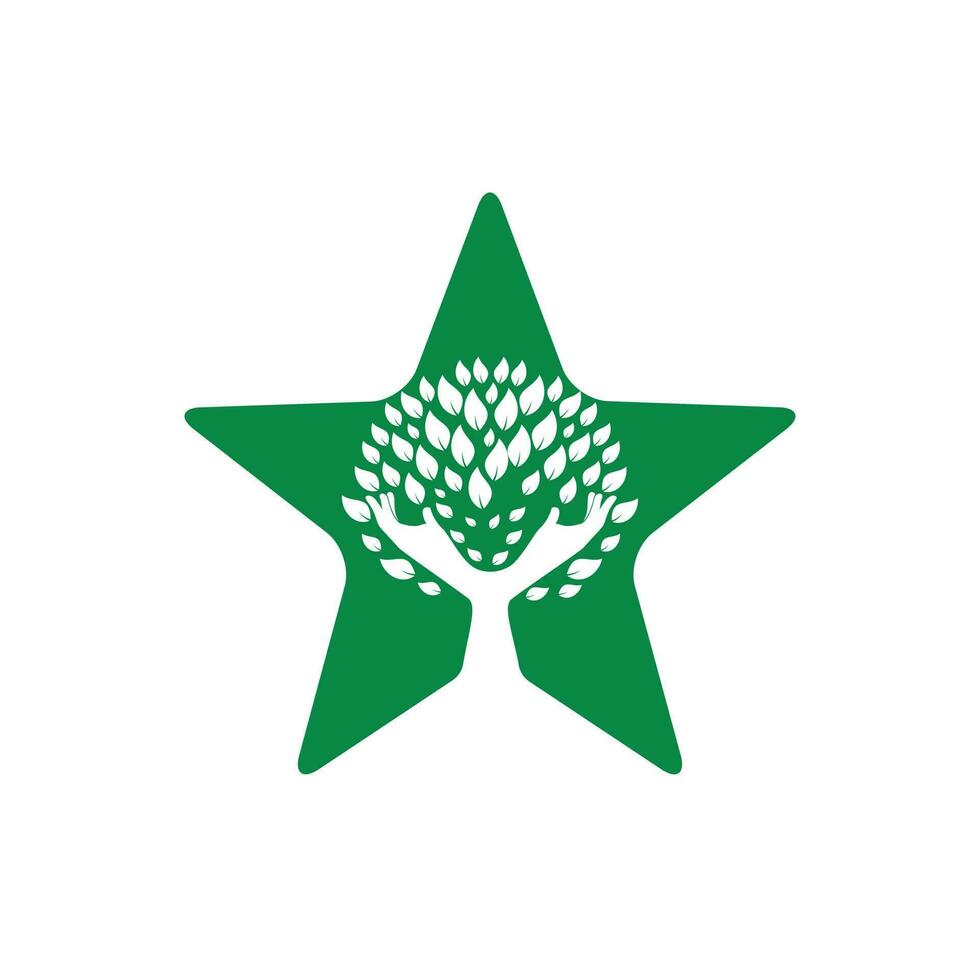 árbol de mano verde creativo y diseño de logotipo de estrella. logotipo de productos naturales. vector