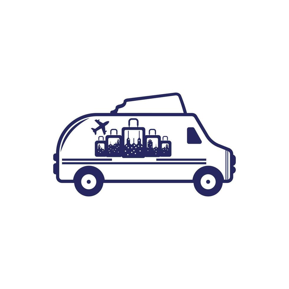 Travel van vector logo design. Van life concept. Blue camper in movement.