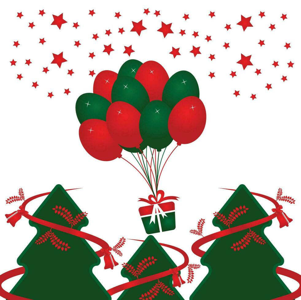 Merry Christmas Vector Design. Christmas tree, gift and balloons icon illustration.