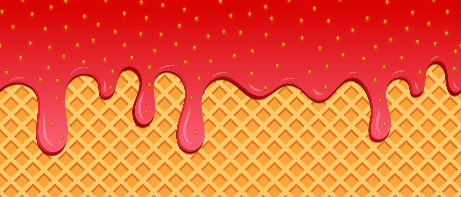 Strawberry ice cream melted on waffle background. Cream melted on waffle background. Sweet ice cream flowing down on cone vector
