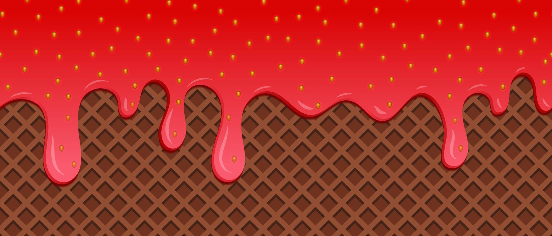 Strawberry ice cream melted on waffle background. Cream melted on waffle background. Sweet ice cream flowing down on cone vector