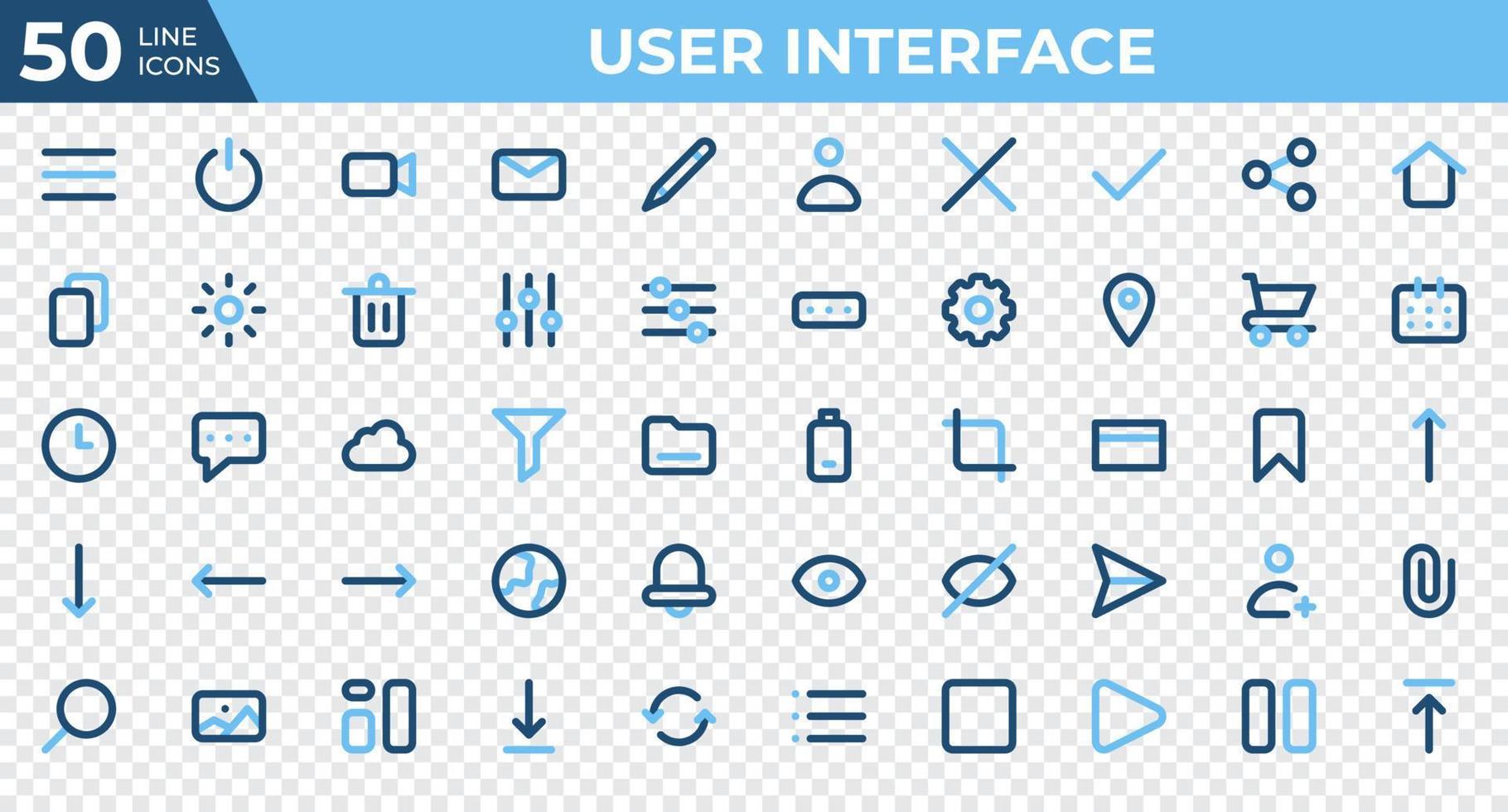 Set of 50 User Interface icons in colored line style. Menu, calendar, clock. Colored outline icons collection. Vector illustration