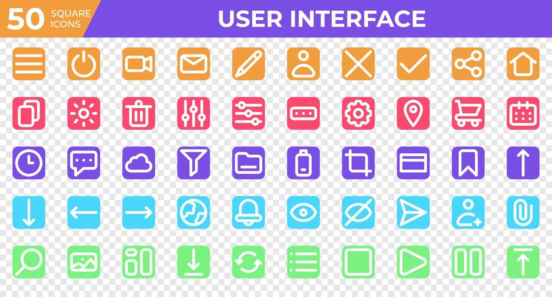 Set of 50 User Interface icons in square style. Menu, calendar, clock. Square icons collection. Vector illustration