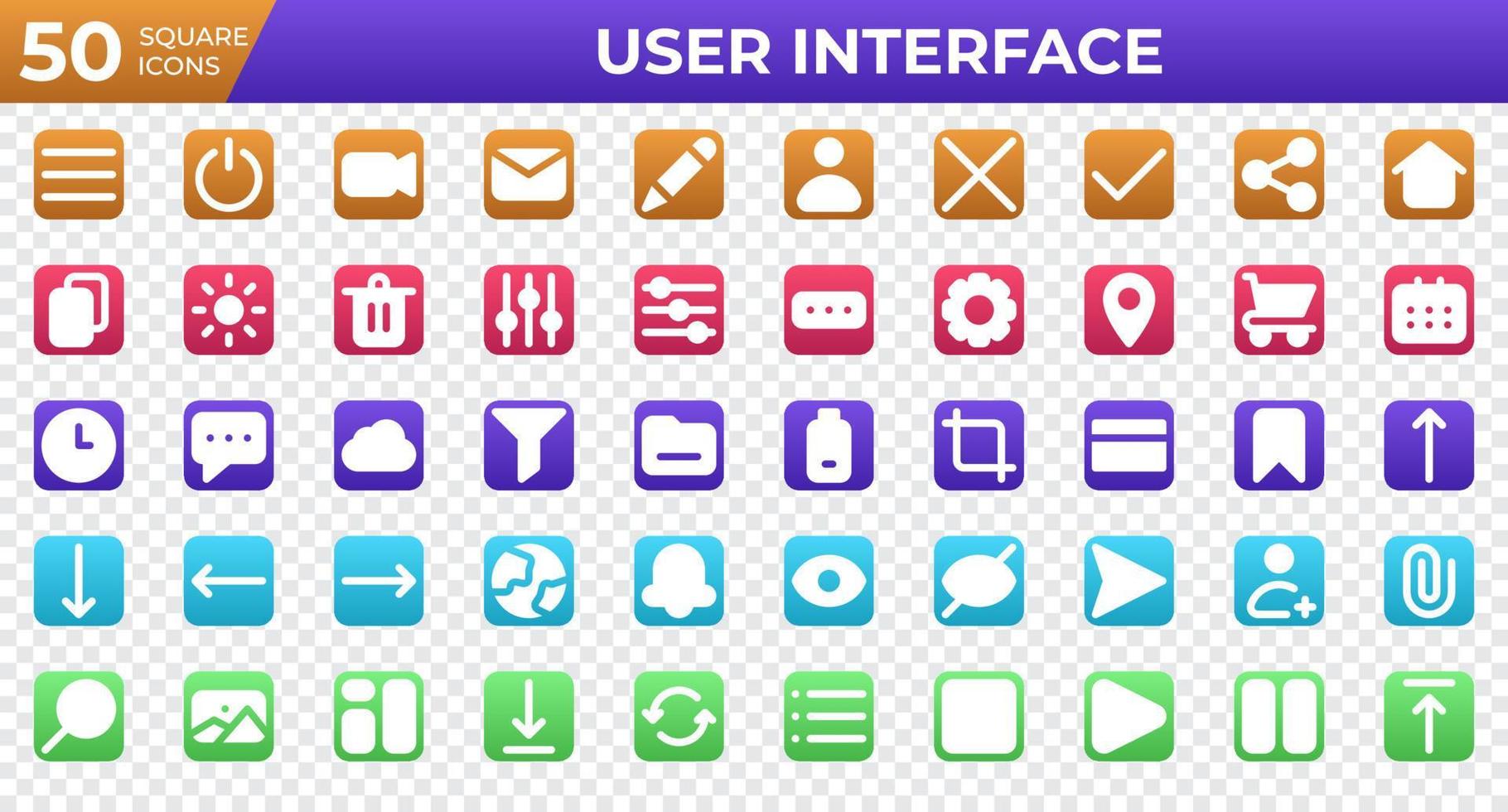 Set of 50 User Interface icons in square style. Menu, calendar, clock. Square icons collection. Vector illustration