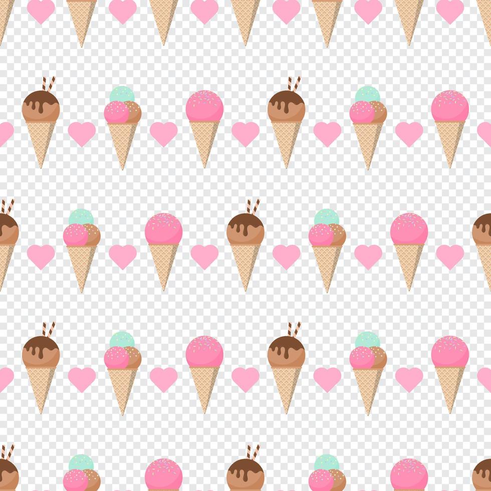 Cute pastel ice cream seamless pattern. Pastel ice cream seamless pattern with cute hearts. Seamless vector pattern with ice cream in pastel colors. Vector illustration