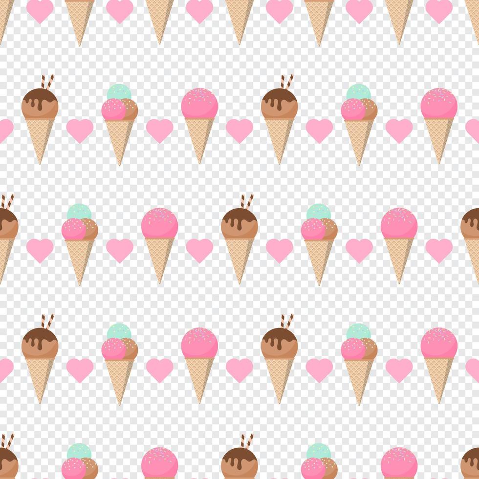 Cute pastel ice cream seamless pattern. Pastel ice cream seamless pattern with cute hearts. Seamless vector pattern with ice cream in pastel colors. Vector illustration