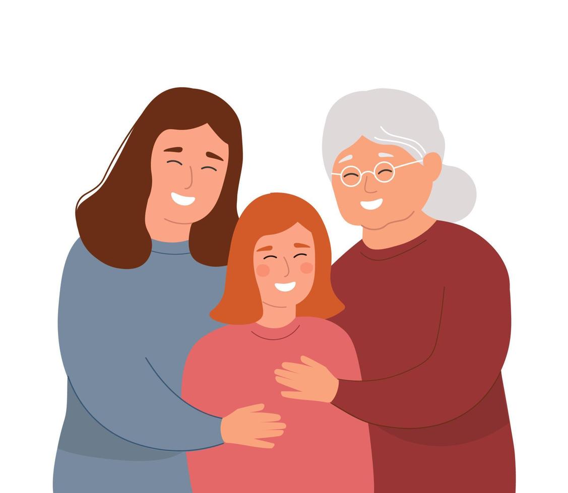 An elderly mother with her daughter and granddaughter. Two women hug a child. The concept of maternal love, family, caring for the old, different generations. Vector graphics.