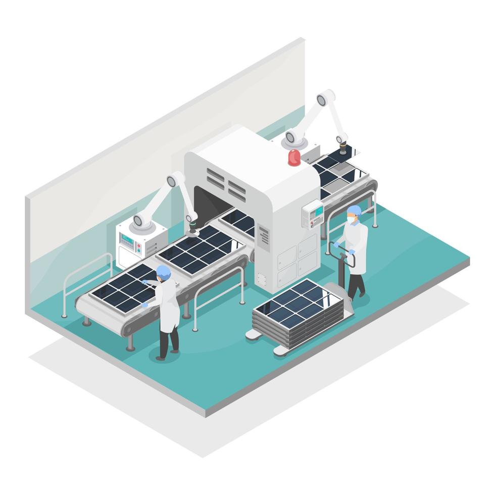 solar cell production line smart factory conveyor robot arm ai technology isometric vector