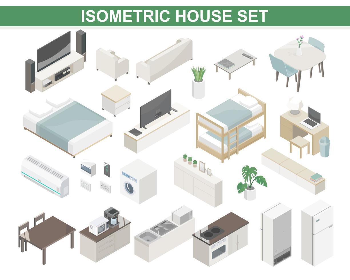 smart house livinge bed kids kitchen room interior quipment component isometric object vector wite tan color on white blackground isolate