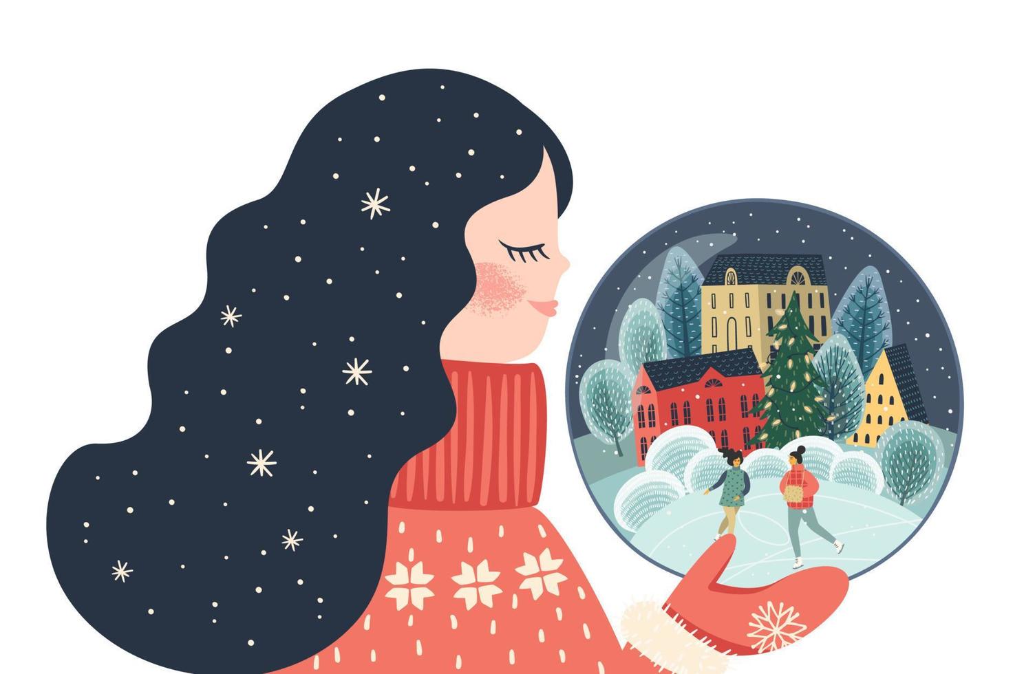 Christmas and Happy New Year isolated illustration with cute woman. Vector design template.