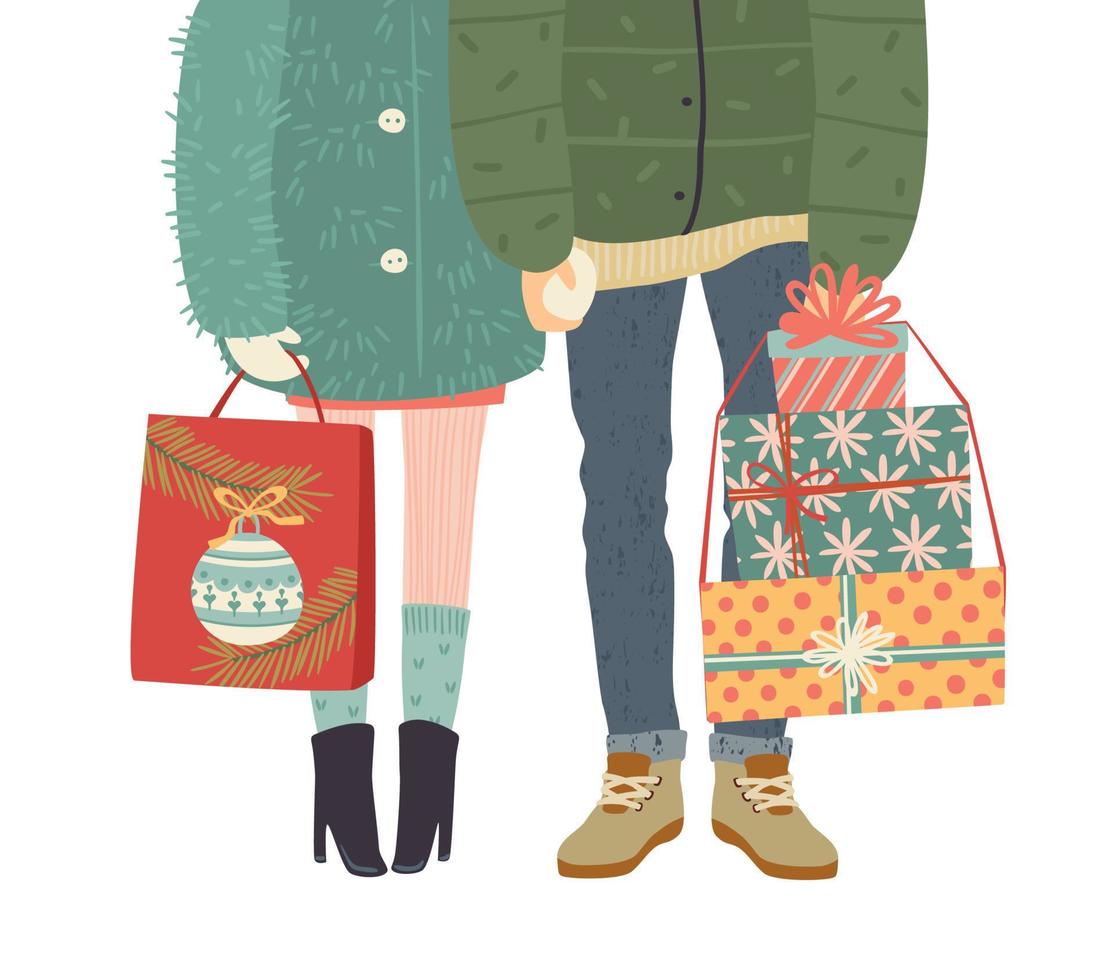 Christmas and Happy New Year isolated illustration with romantic couple with gifts. Trendy retro style. Vector design template.