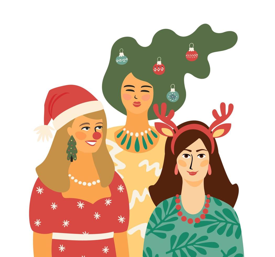 Christmas and Happy New Year isolated illustration with people in carnival costumes. Vector design template.