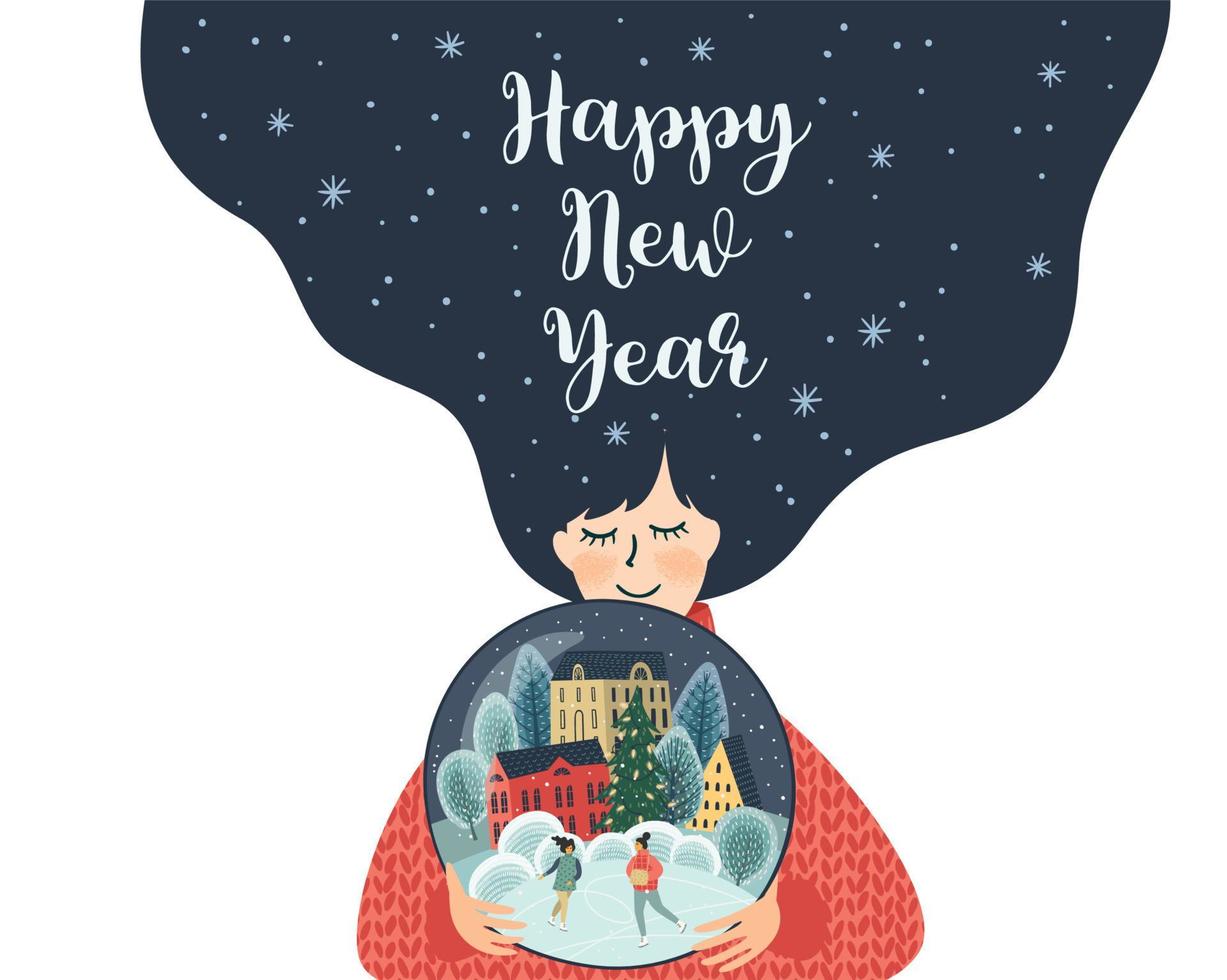 Christmas and Happy New Year isolated illustration with cute woman. Vector design template.