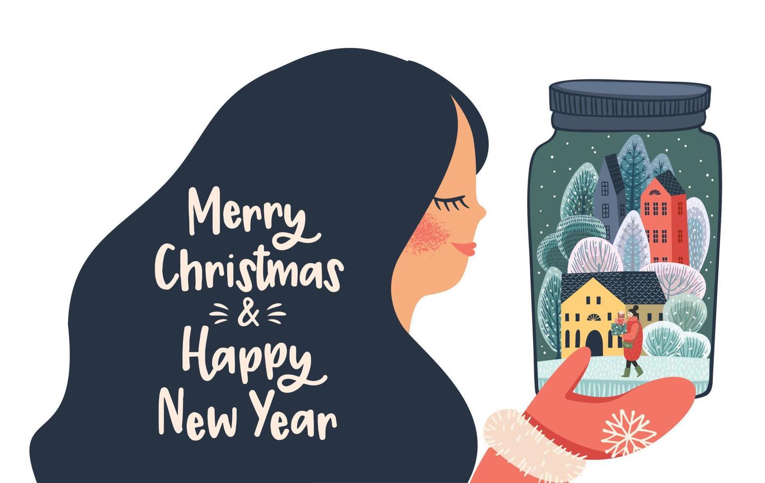 navidad y feliz año nuevo ilustración aislada con linda mujer. plantilla de diseño vectorial. vector