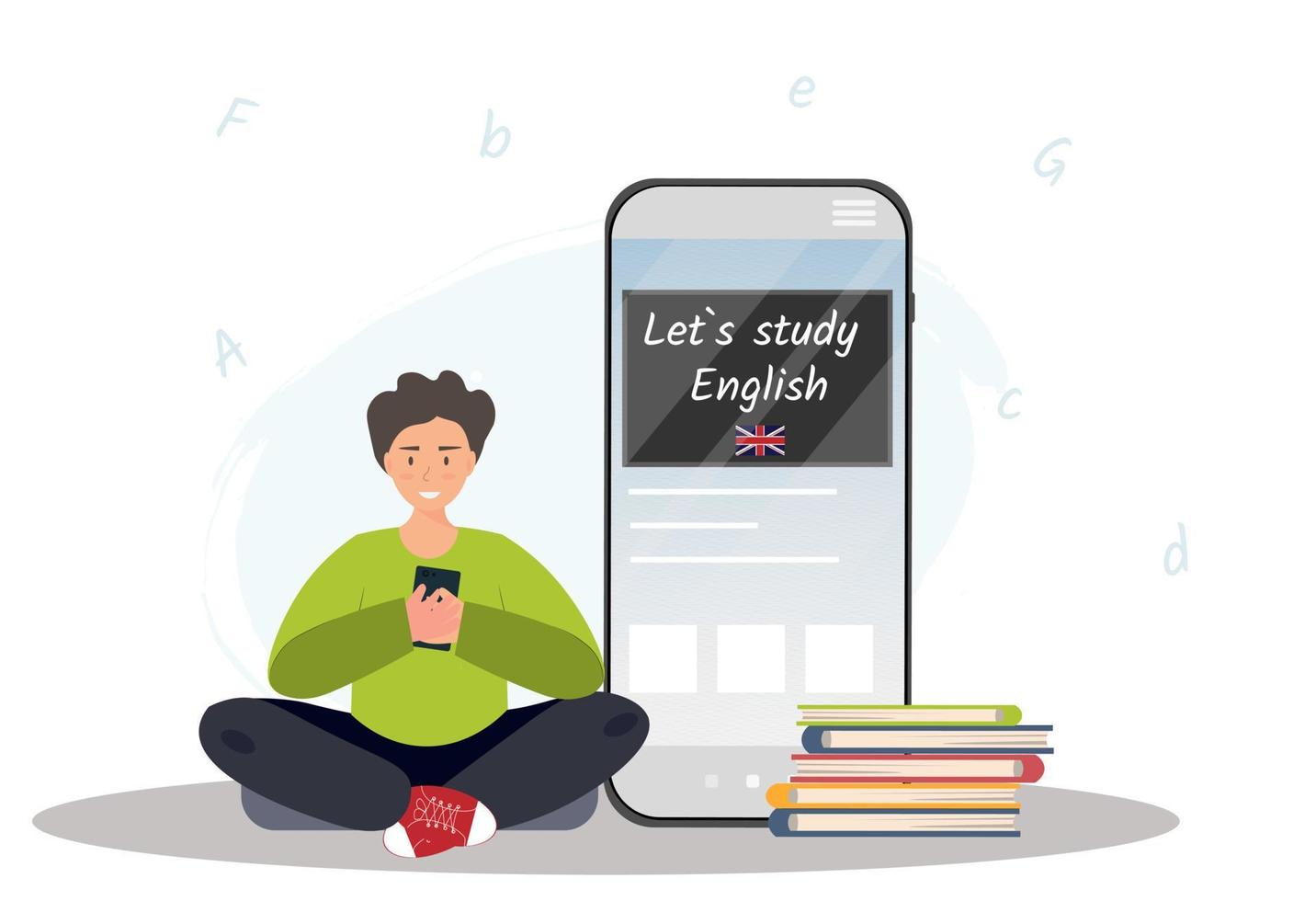 aprender inglés en línea, joven feliz, estudiante estudia inglés en la aplicación móvil, cursos de idiomas en línea, traductor de idiomas en línea, ilustración vectorial plana vector