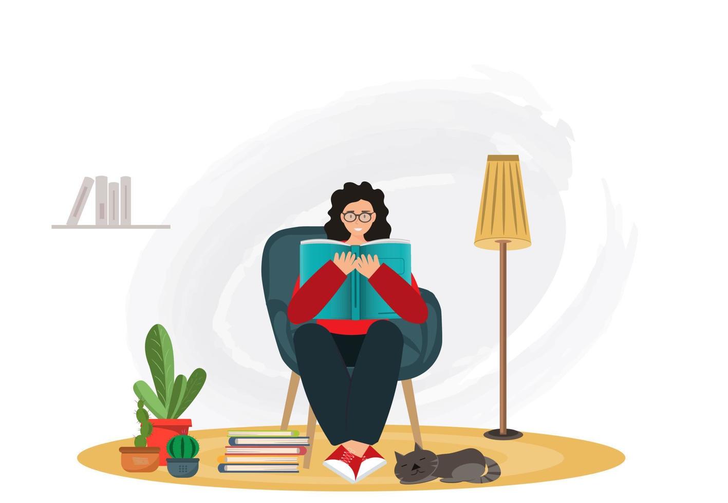 mujer joven feliz o estudiante leyendo libros en casa, leyendo libros, concepto de educación, concepto de biblioteca doméstica, lectura es concepto de poder, concepto de pasatiempos, ilustración vectorial plana vector