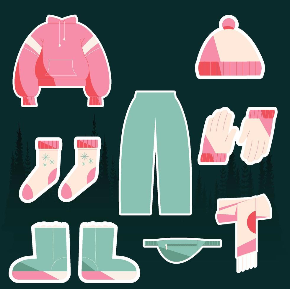 lindo conjunto vectorial con ropa cálida de invierno en rosa vector