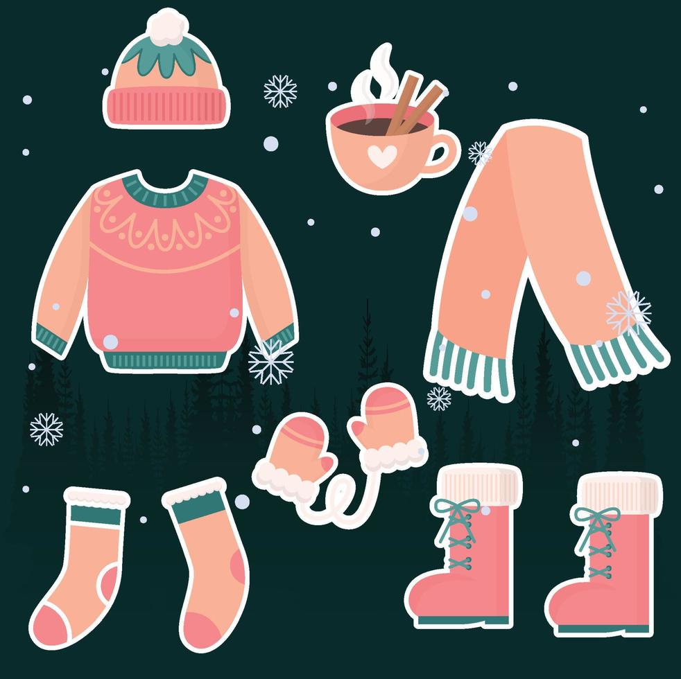 Pink winter clothes pack vector