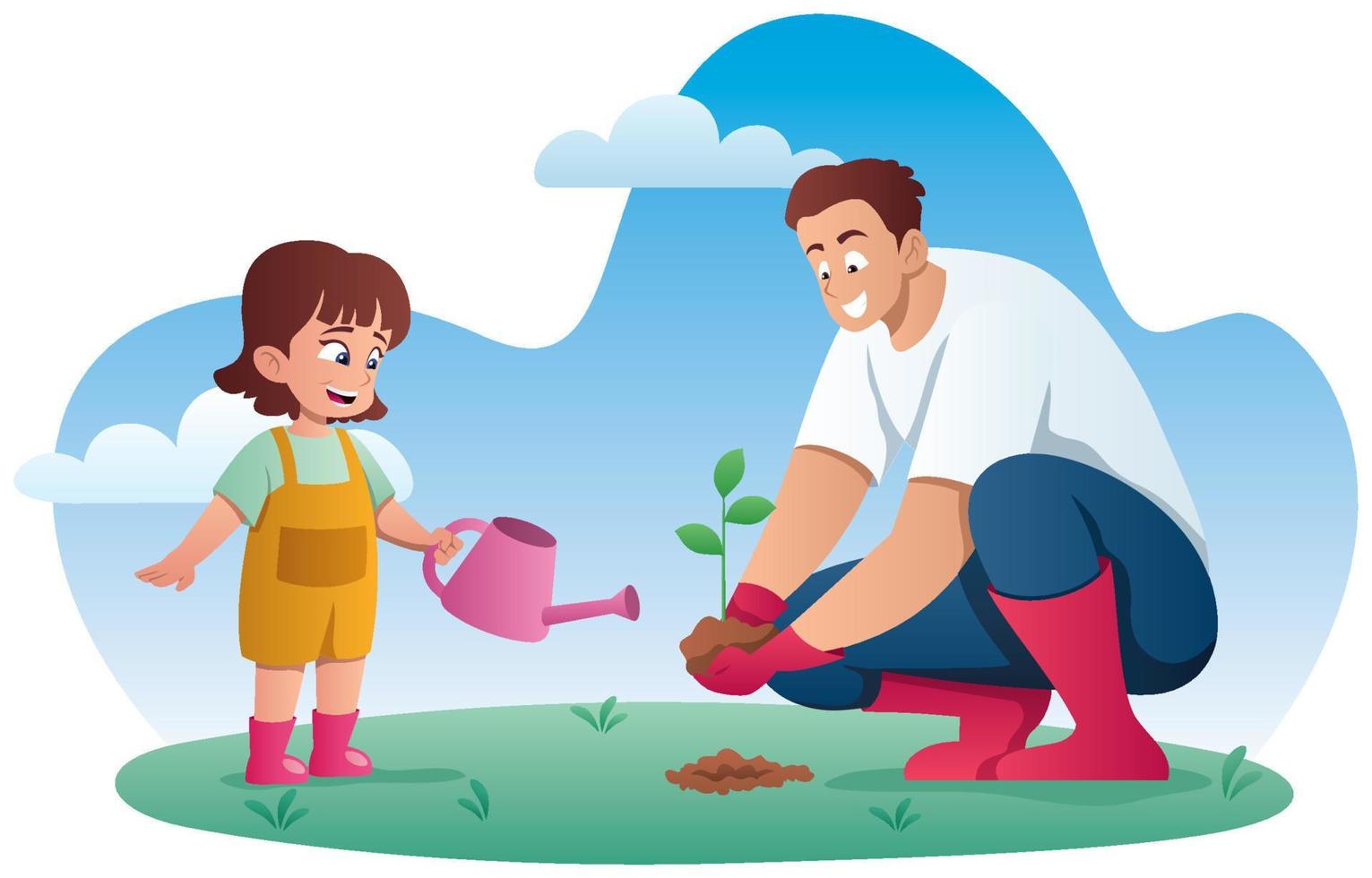 Father and Daughter Planting Tree vector