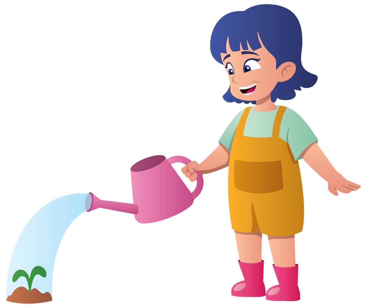 Girl Watering Plant on White vector