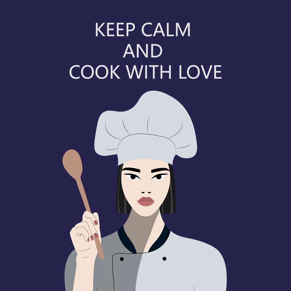 Woman dressed as a chef. Pretty girl in a cook suit and hat. Vector illustration.
